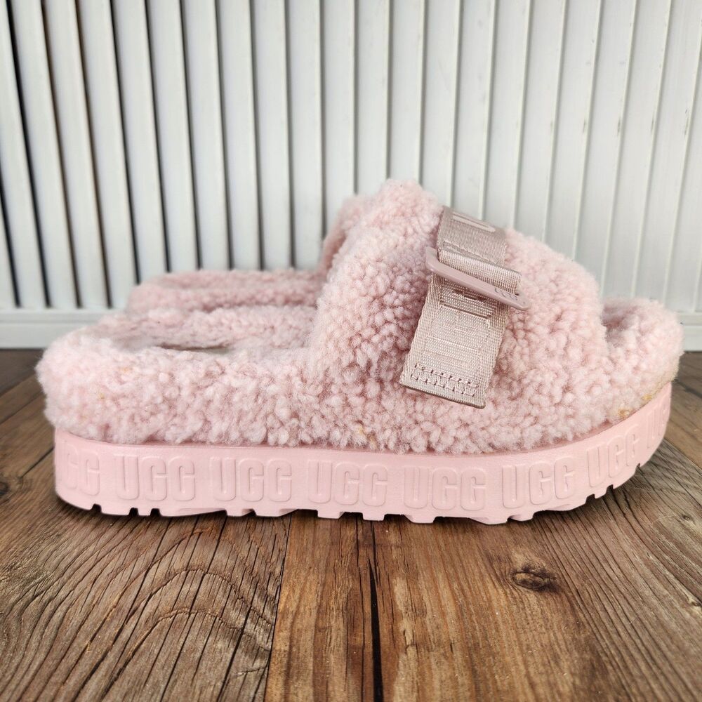 UGG Fluffita Slides Womens Size 7 Pink Cloud Sheepskin Chunky Platform Sandals